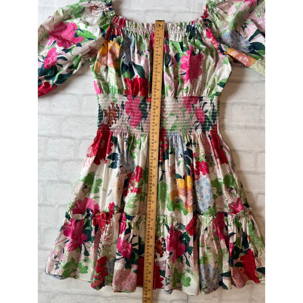 Cara Cara Floral Smocked Mini Dress Pink Cotton Puff Sleeve cottagecore wedding - Picture 7 of 8